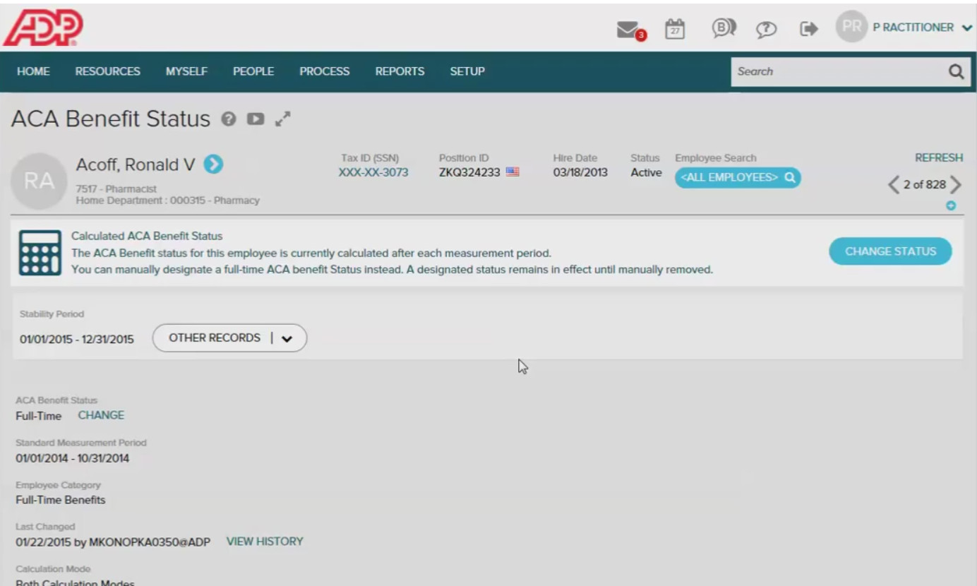 ADP Workforce Now ACA Benefits Status