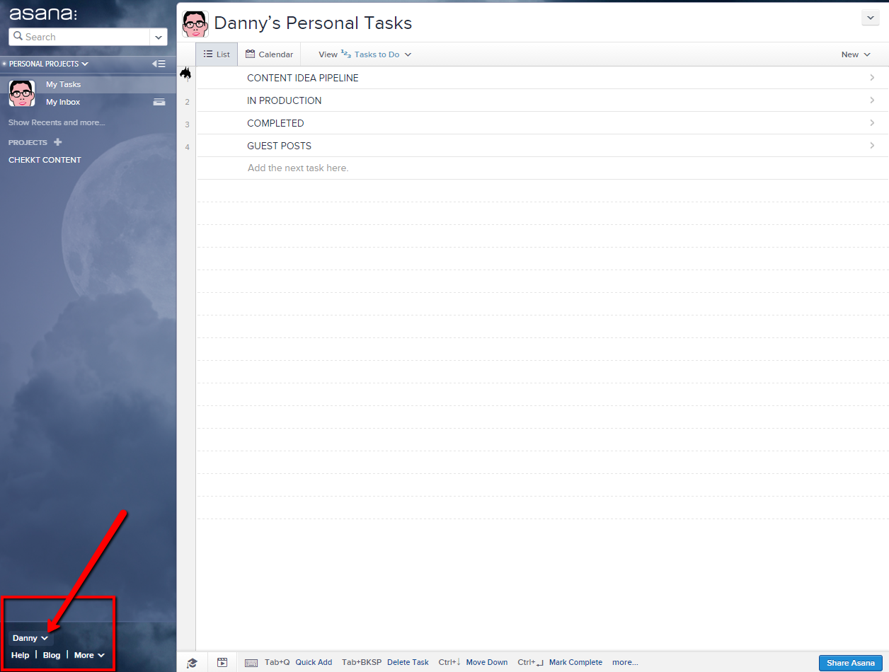 The location of Asana's account settings