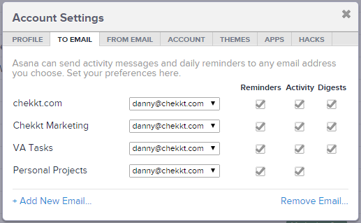 All of the email customizations available on Asana