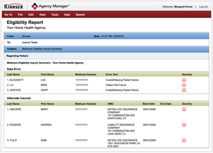 Kinnser Agency Manager Eligibility Screen