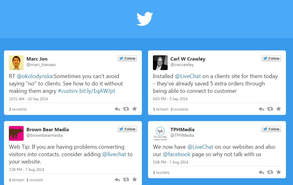 LiveChatInc integrates their Twitter into their testimonials to convey trust