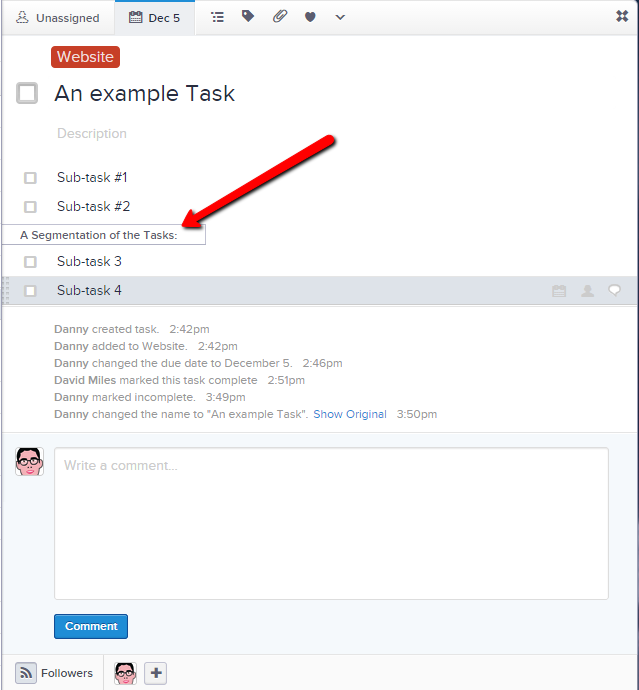 Segmenting subtasks in Asana