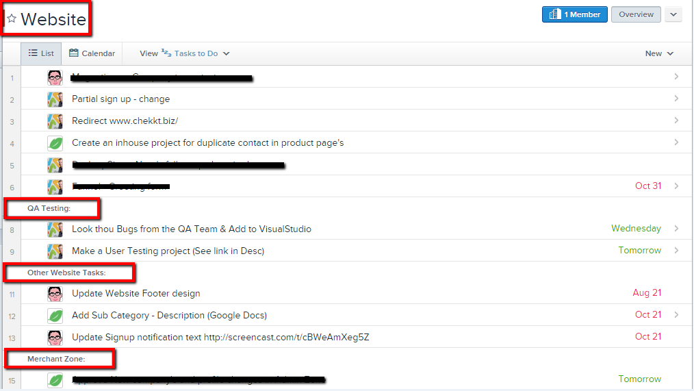 Projects dashboard in Asana