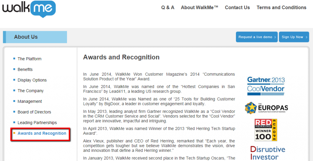 WalkMe shows off their awards on the About Us page